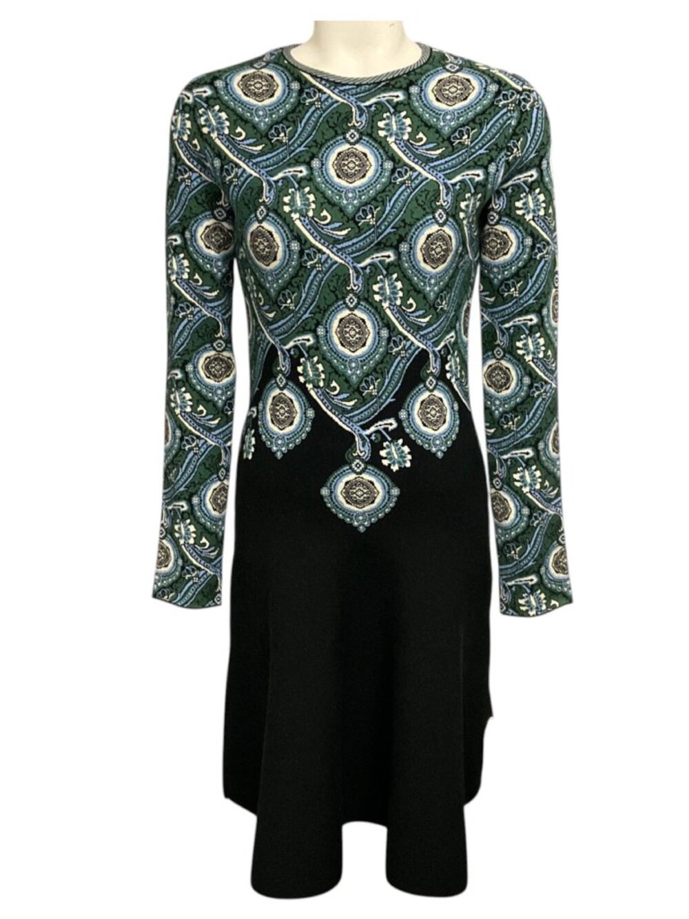 Etro Black / Blue / Green Multi Paisley Patterned Long Sleeved Knit Midi Dress